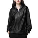 black leather hoodie for women