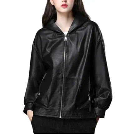 black leather hoodie for women