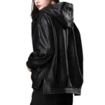 black leather hoodie jacket