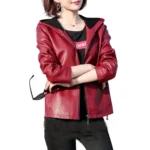 red hooded leather jacket