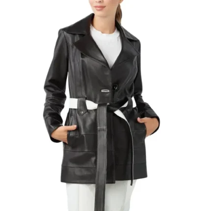 Reve Women's Black Leather Trench Coat