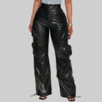 Women's Wide Leg Multi-Pocket Leather Cargo Pants