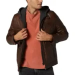 brown leather jacket with hood