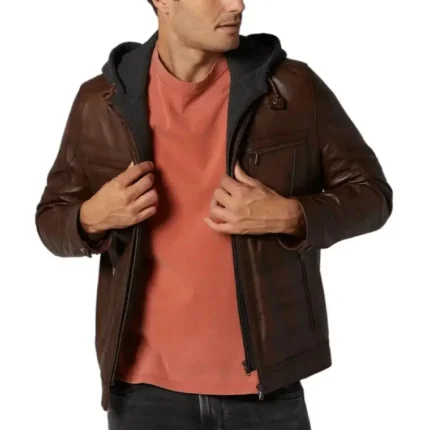 brown leather jacket with hood