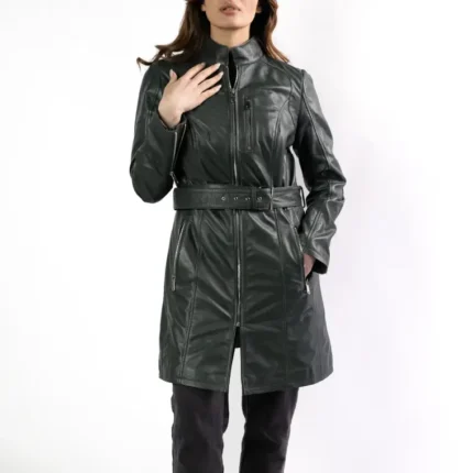 green leather trench coat