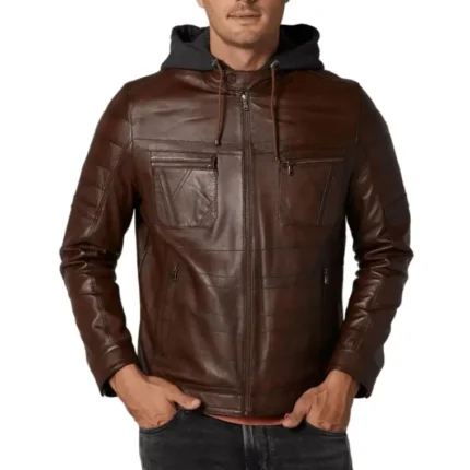 brown hooded leather jacket