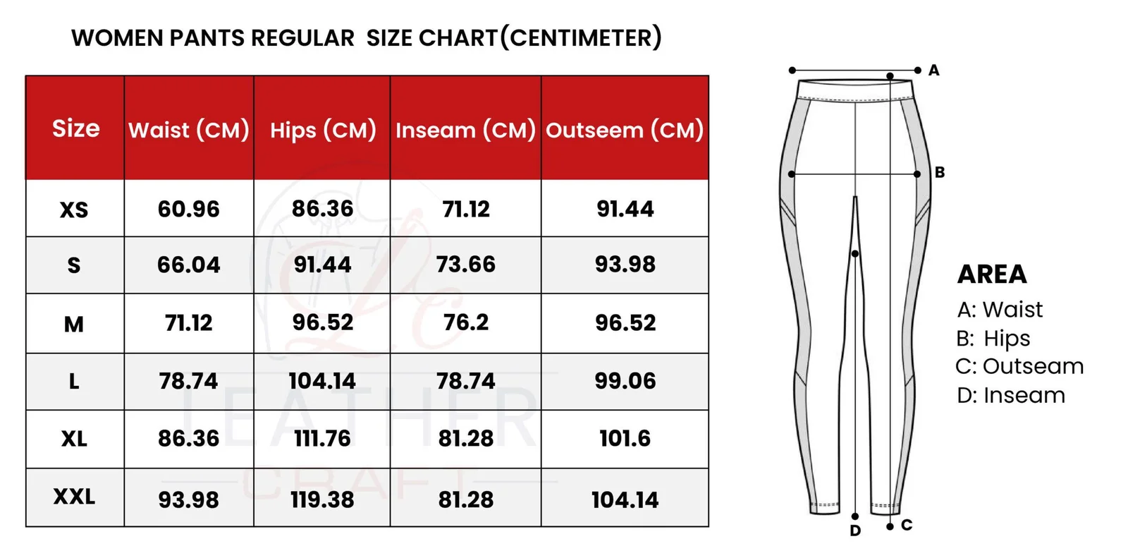Women leather pants size chart cm