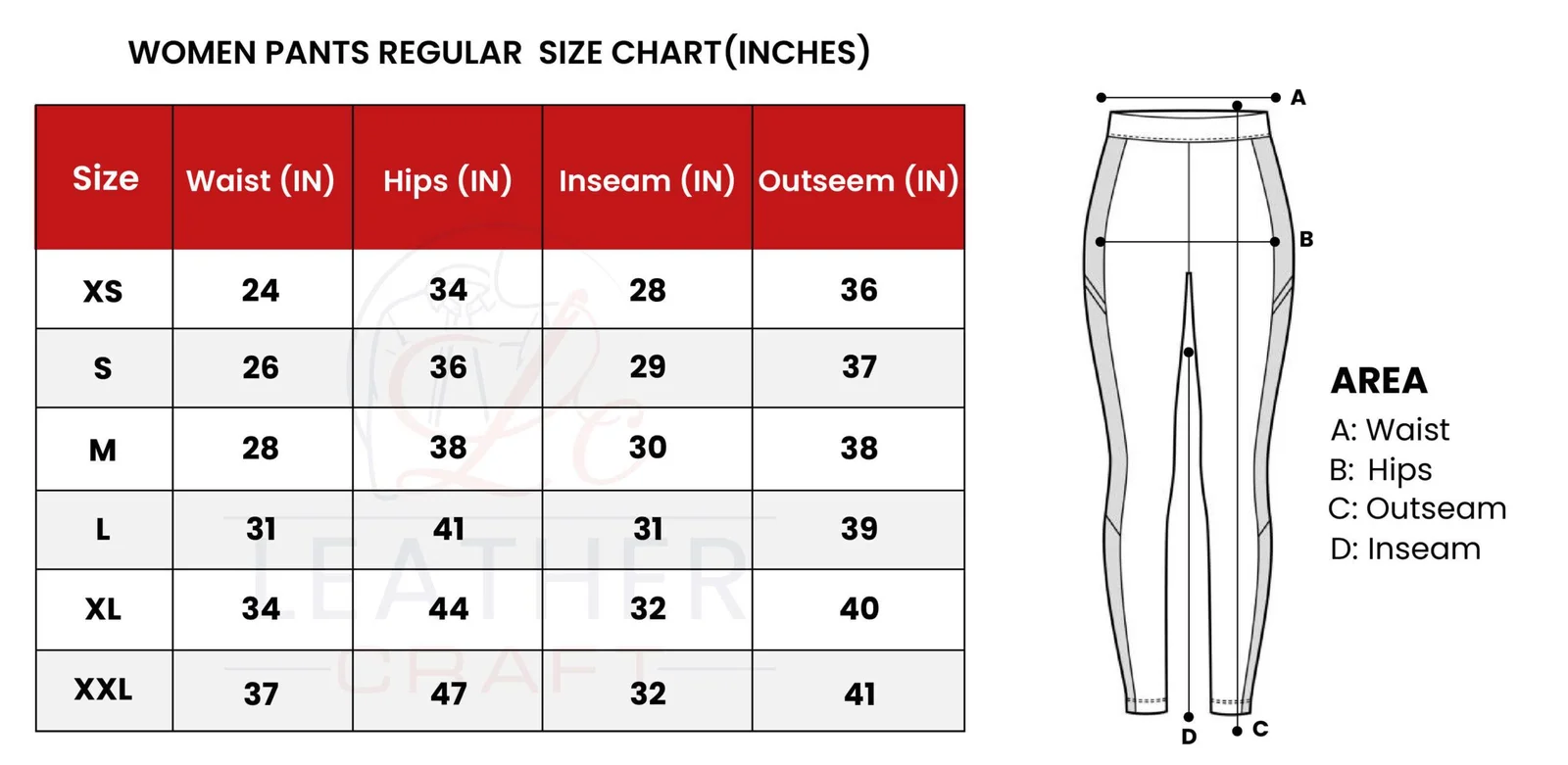 Women leather pants size chart inch