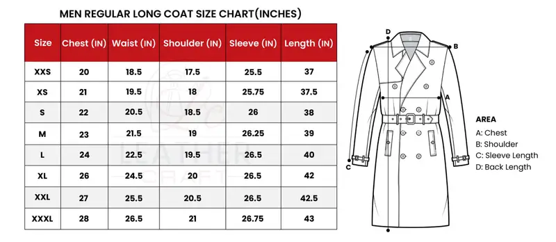 Men long coat size chart inch