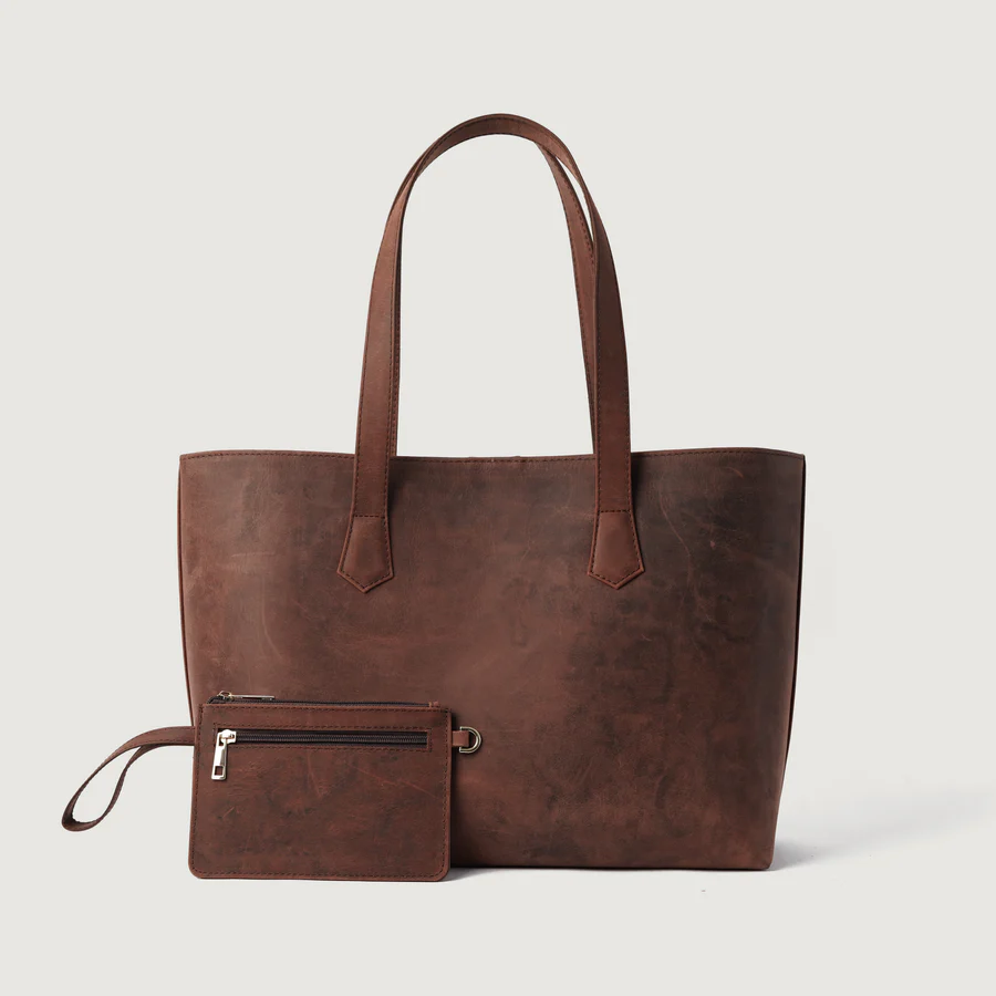 brown leather tote bag