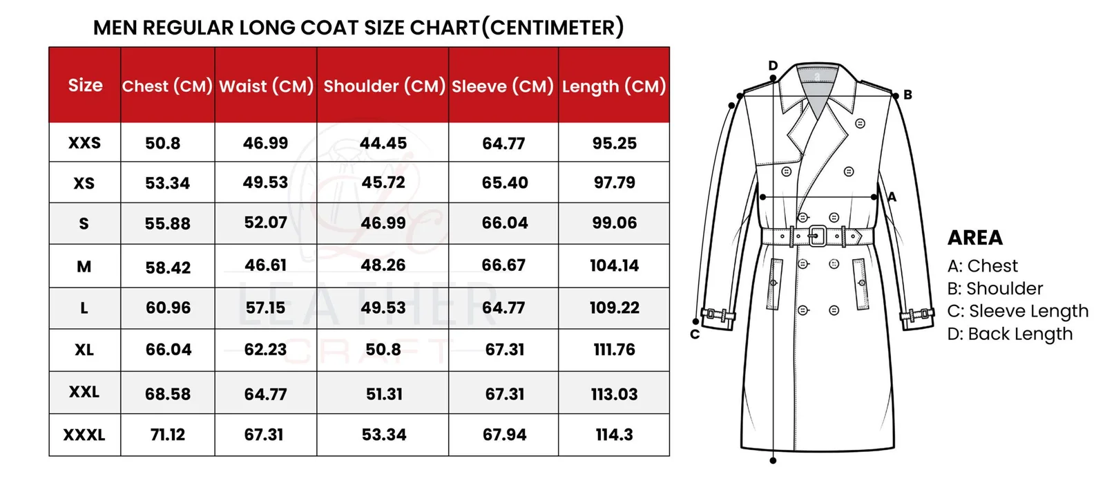 Men long coat size chart cm