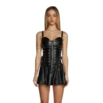 Black Faux Leather Corset Mini Dress with Front Zipper & Studded Straps