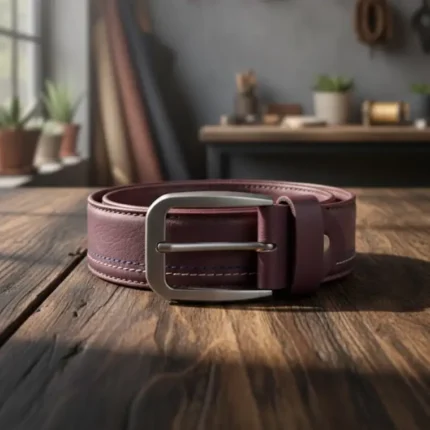 Burgundy leather belt for men