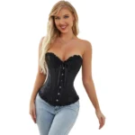 Gothic Black Brocade Overbust Corset with Ruffled Edges & Front Bow - Image 2