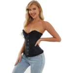 Gothic Black Brocade Overbust Corset with Ruffled Edges & Front Bow - Image 3