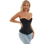 Gothic Black Brocade Overbust Corset with Ruffled Edges & Front Bow - Image 5