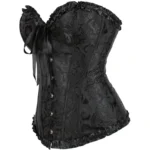 Gothic Black Brocade Overbust Corset with Ruffled Edges & Front Bow - Image 4
