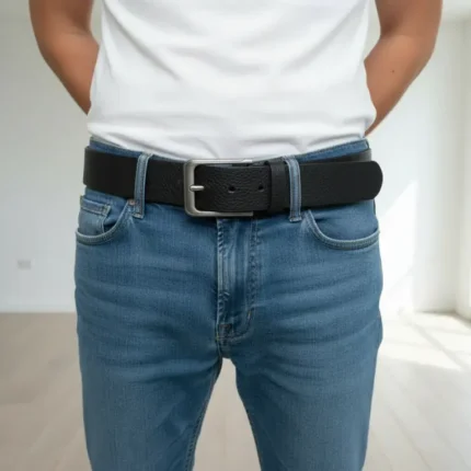 Black leather belt for men