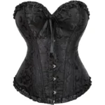 Gothic Black Brocade Overbust Corset with Ruffled Edges & Front Bow