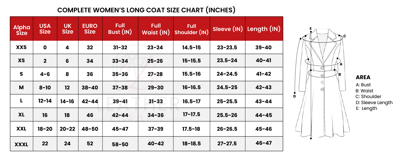 Women long coat size chart inch