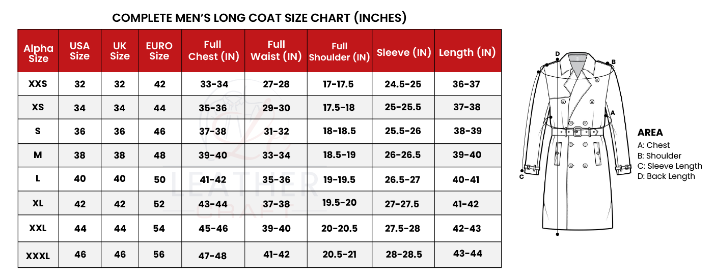 Men long coat size chart inch