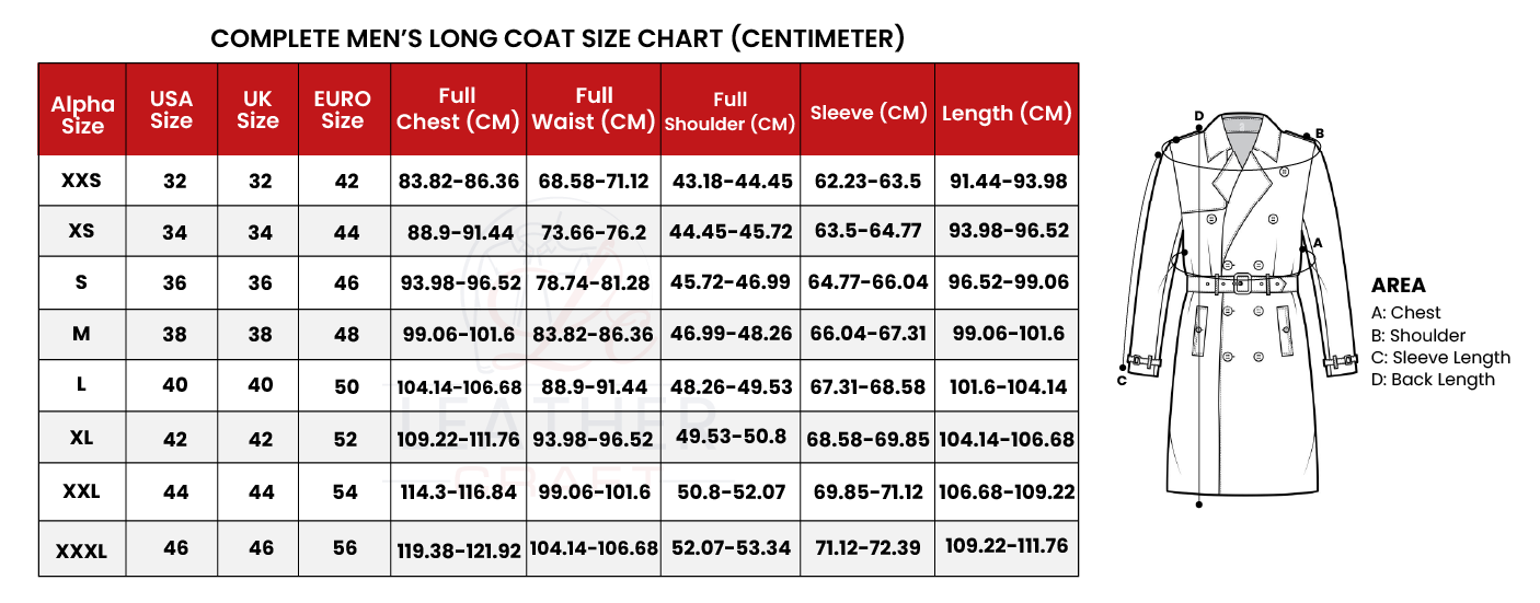 Men long coat size chart cm