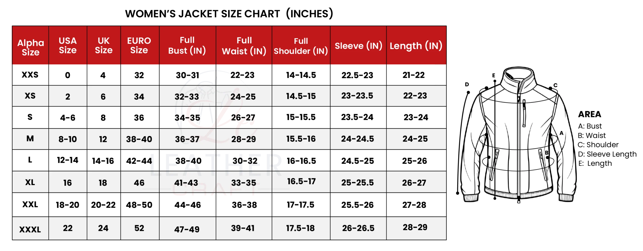 Women size chart inch