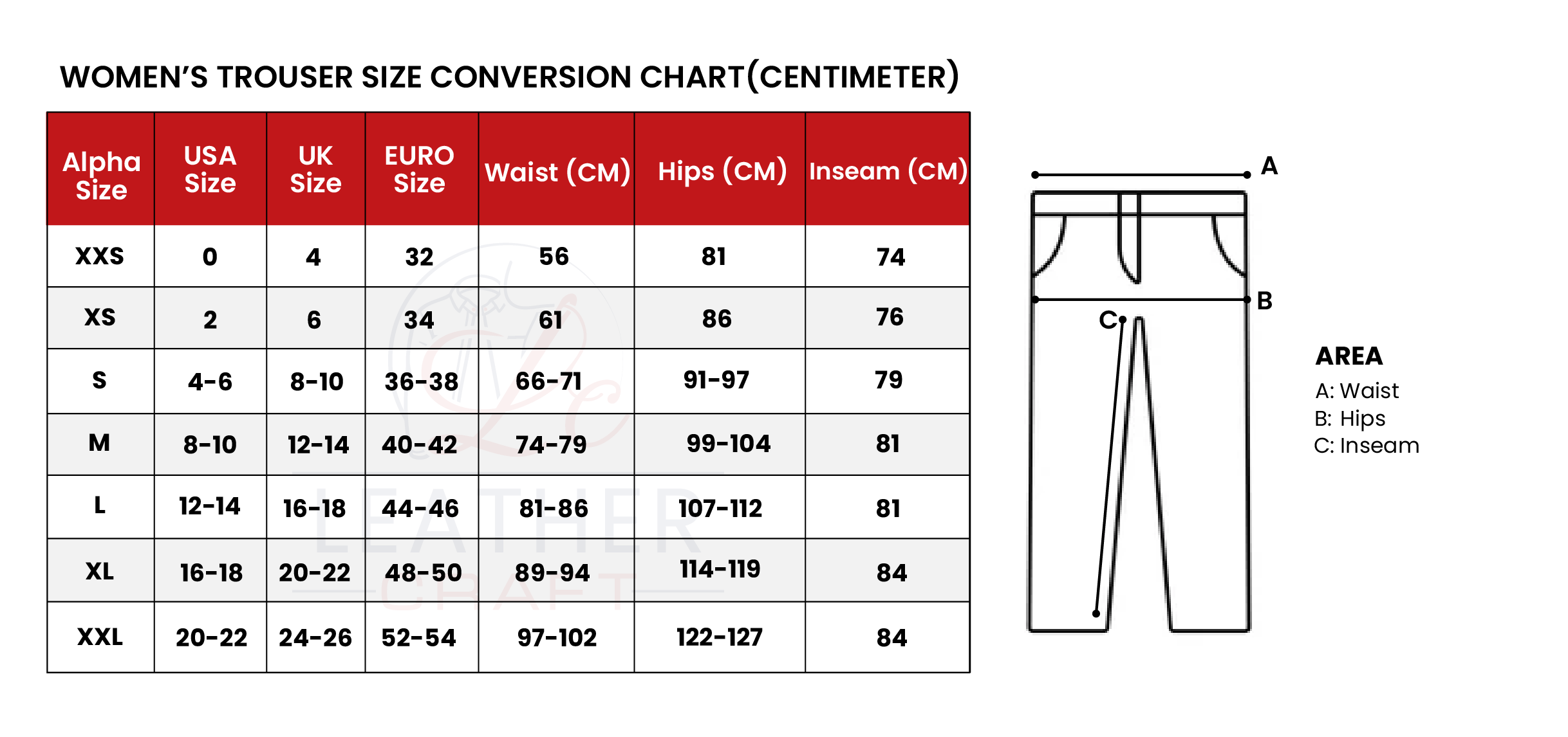 Women leather trouser size chart cm
